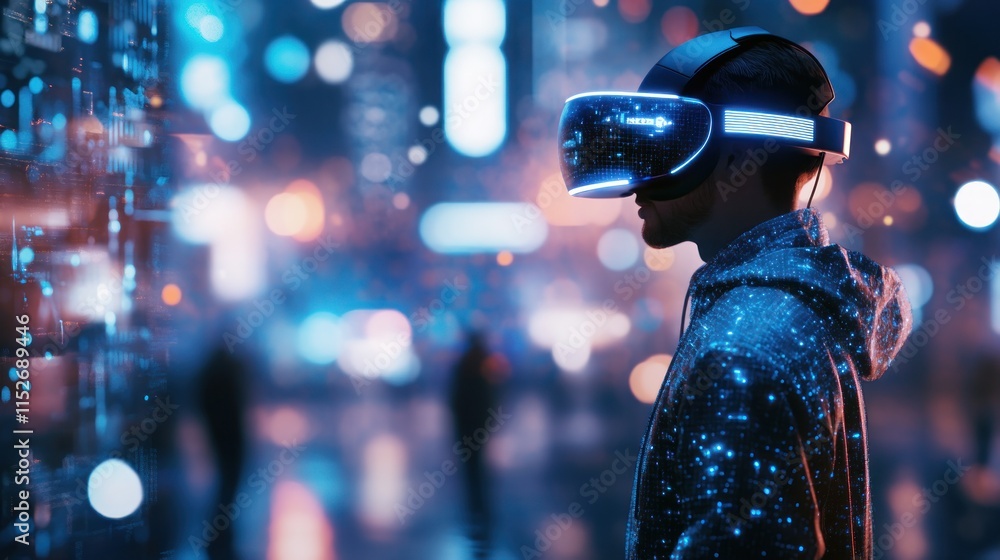 Poster a person wearing a vr headset immersed in a digital environment with glowing elements.