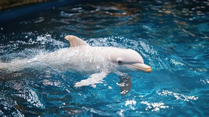 Naklejka premium Albino dolphin swimming gracefully,This breathtaking shot captures an albino dolphin gliding effortlessly through clear waters. 