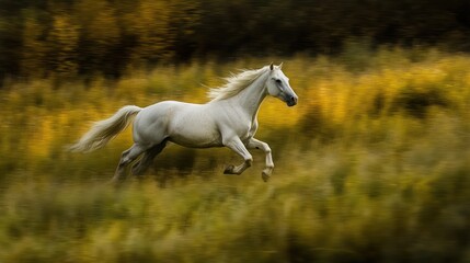 Graceful albino horse galloping through an open field, This vibrant photograph showcases the beauty of an albino horse galloping freely through a lush green field. 