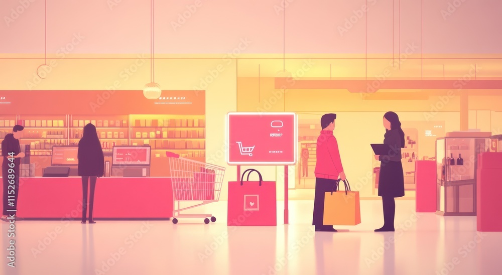 Poster a digital illustration of a modern shopping environment with customers and checkout areas.