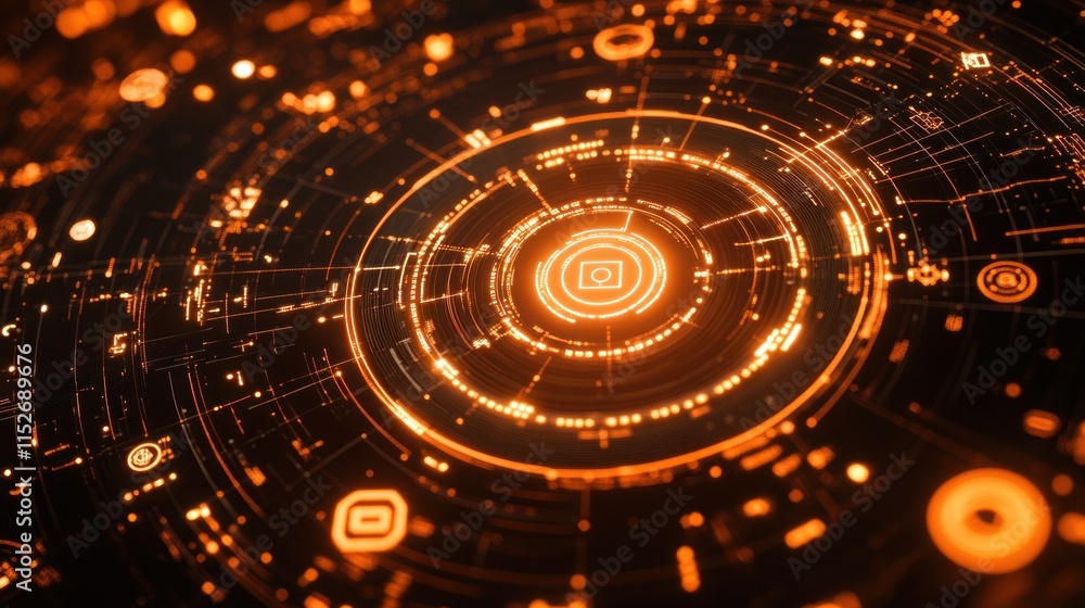 Poster Abstract digital design featuring glowing orange circular patterns and lines.