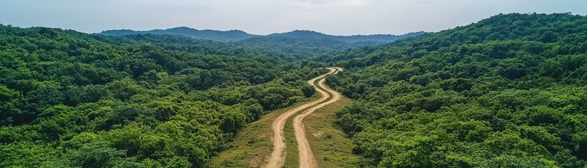 Fototapeta premium Aerial view of a winding dirt road surrounded by lush green forested hills under a bright sky