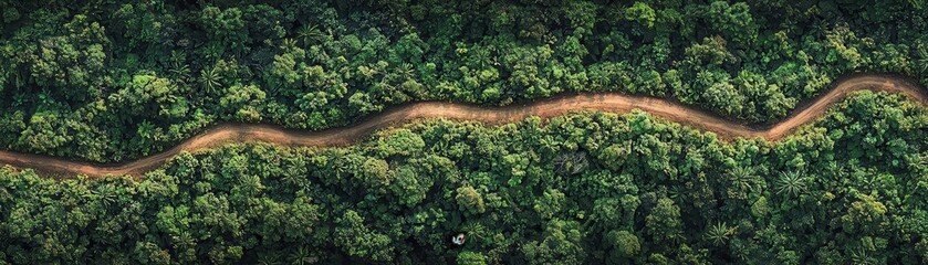 Winding dirt road cutting through a lush tropical forest captured from an aerial perspective