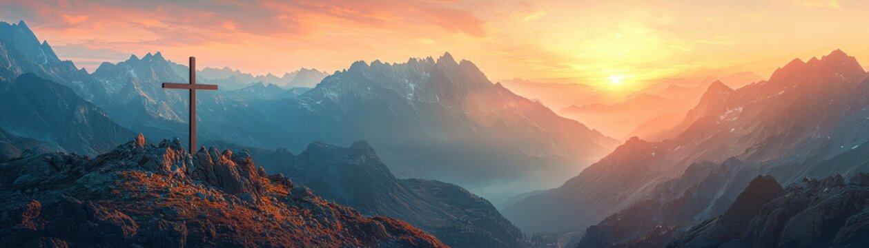Dramatic mountain landscape at sunrise with a large wooden cross on the rocky summit