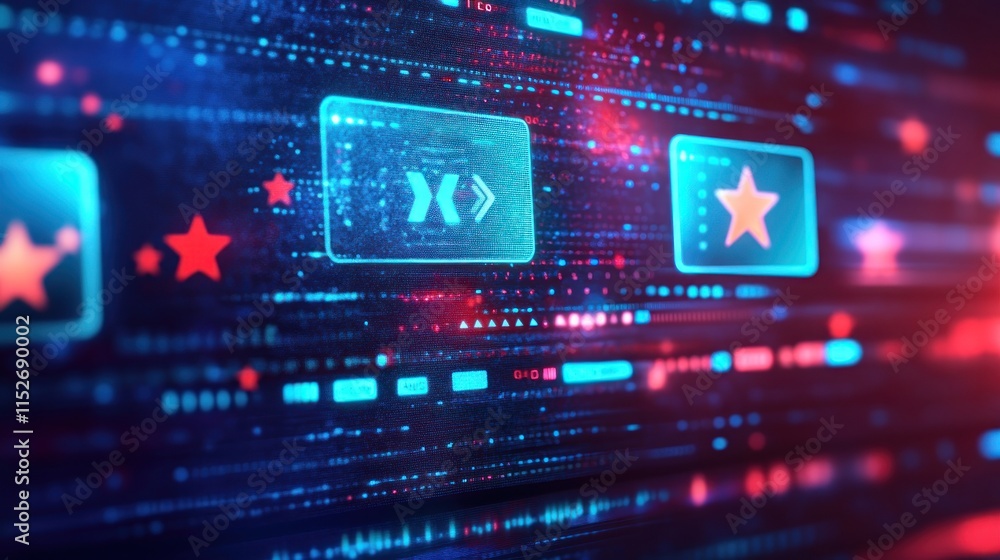 Poster Abstract digital interface with glowing icons and data streams.