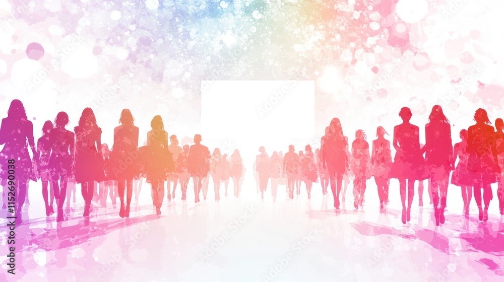 Aufkleber silhouettes of people against a colorful, abstract background with a blank space for text.