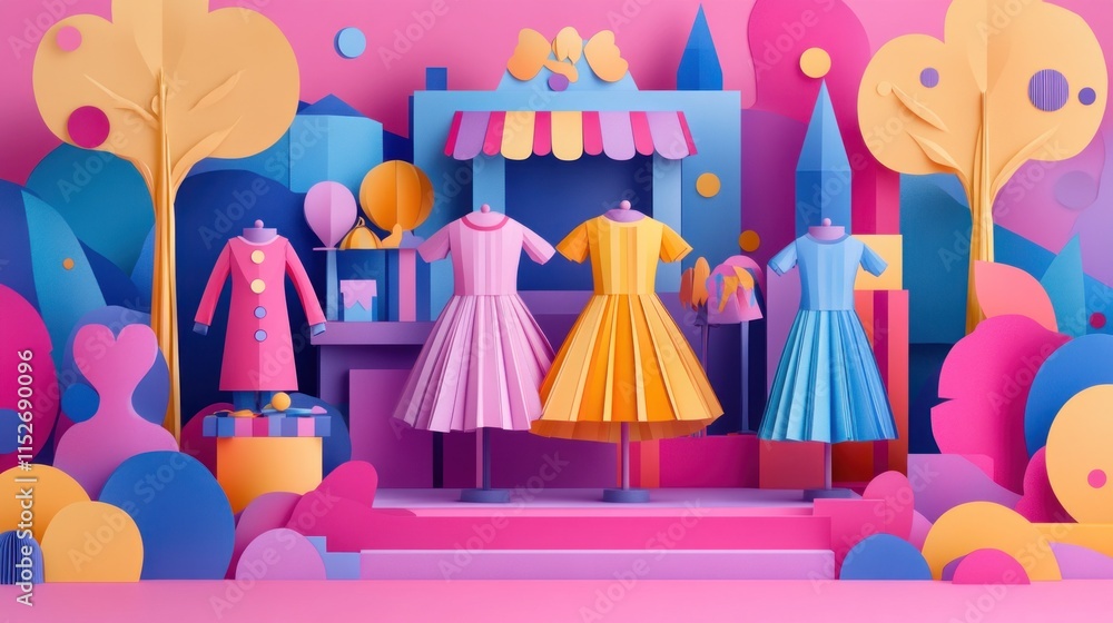 Poster A colorful display of paper-style dresses in a whimsical shop setting.