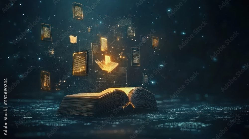 Poster an open book surrounded by floating digital pages, symbolizing knowledge and technology.