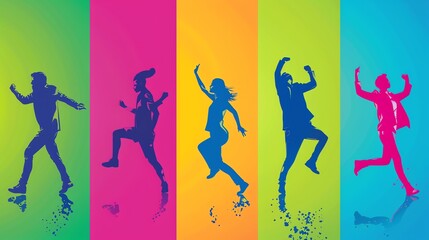 A set of silhouettes of people jumping.