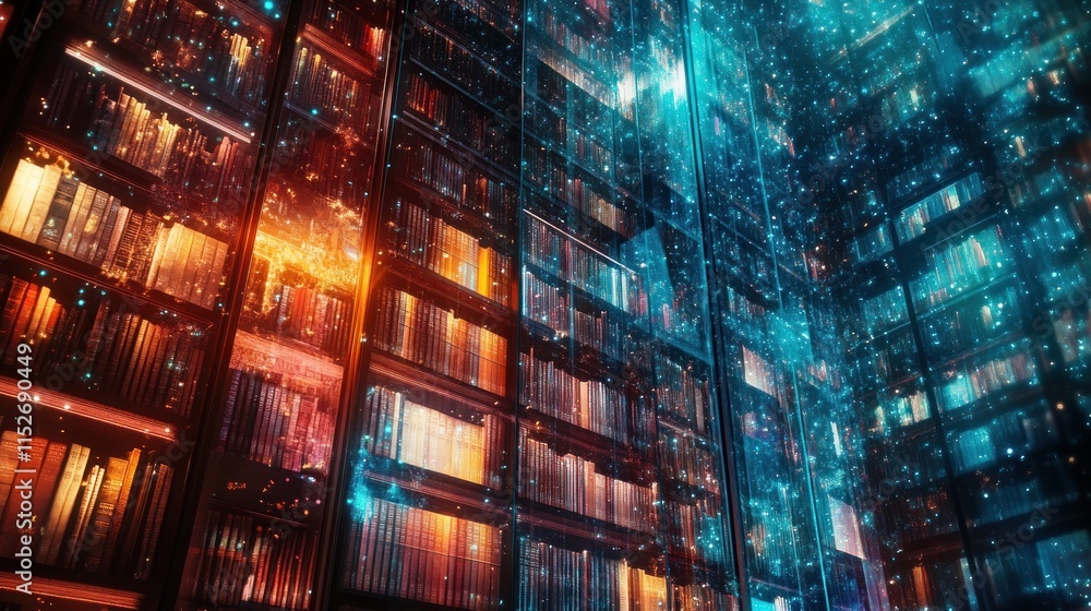 Poster A futuristic library filled with glowing books and digital effects.