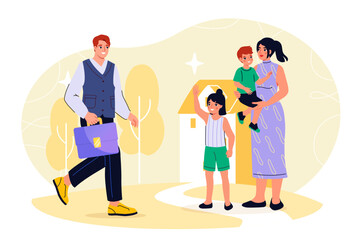 Happy family concept. Cheerful man and woman with children. Mother, father and daughter with son. Good family relationships. Dad came home from work. Flat vector illustration