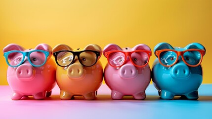Four piggy banks wearing colorful eyeglasses, lined up against a yellow background.