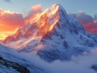 Obraz premium Sunset paints snowy mountain peak, clouds below.