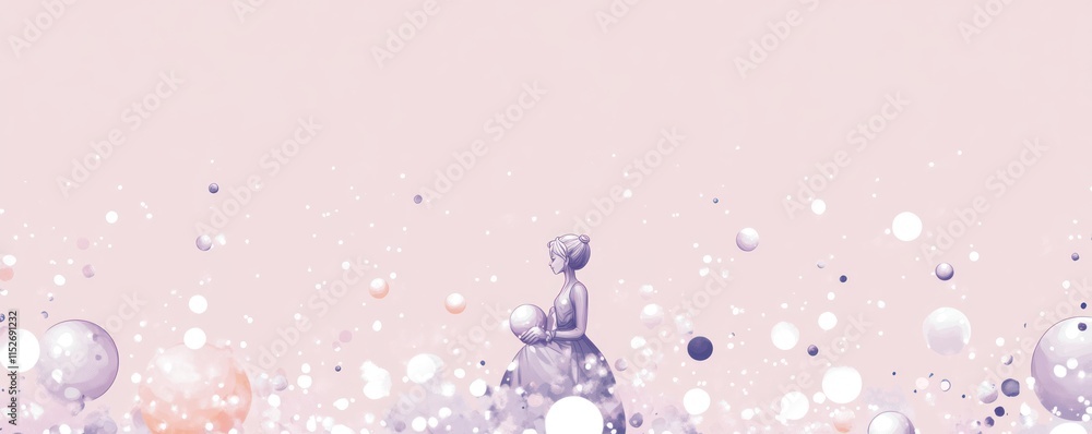 Poster a serene illustration featuring a figure amidst floating orbs on a soft background.