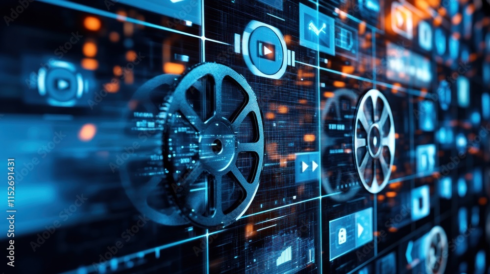 Poster digital interface displaying film reels and multimedia icons.