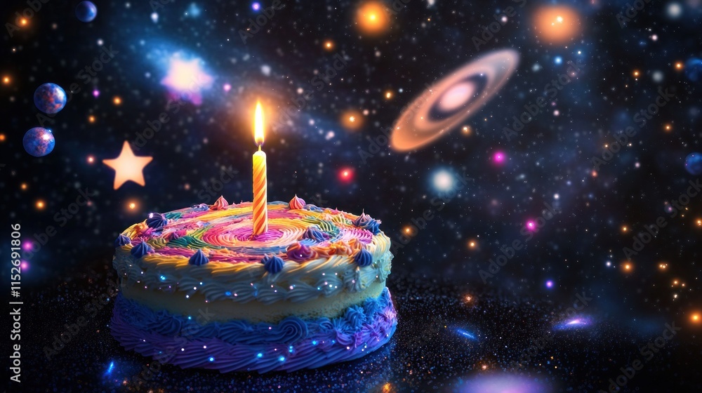Poster a colorful birthday cake with a candle set against a cosmic space background.