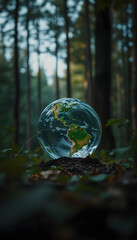 glass earth globe in forest, dreamy atmosphere, with white tones