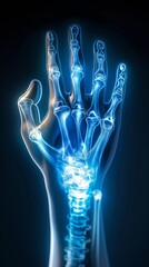 Blue tone radiograph on dark background in hospital.Doctor used xray for diagnosis of the illness of patient.Normal x-ray of both hand Osteoarthritis of hand and joint. X-ray both hands in hospital.