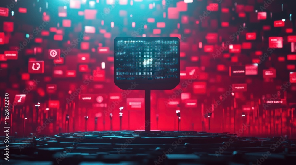 Poster a futuristic digital landscape with a central monitor surrounded by glowing data icons.