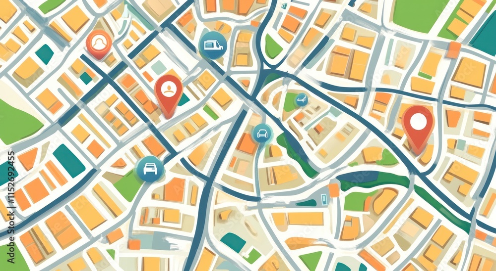 Poster a colorful city map with icons indicating various locations and services.
