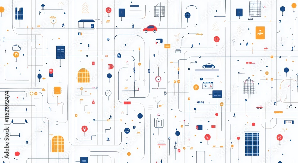 Poster abstract illustration of interconnected urban elements and transportation systems.