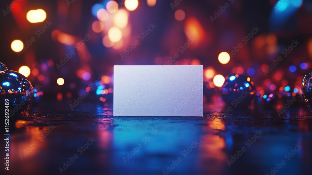 Poster a blank card surrounded by colorful bokeh lights and reflective spheres.