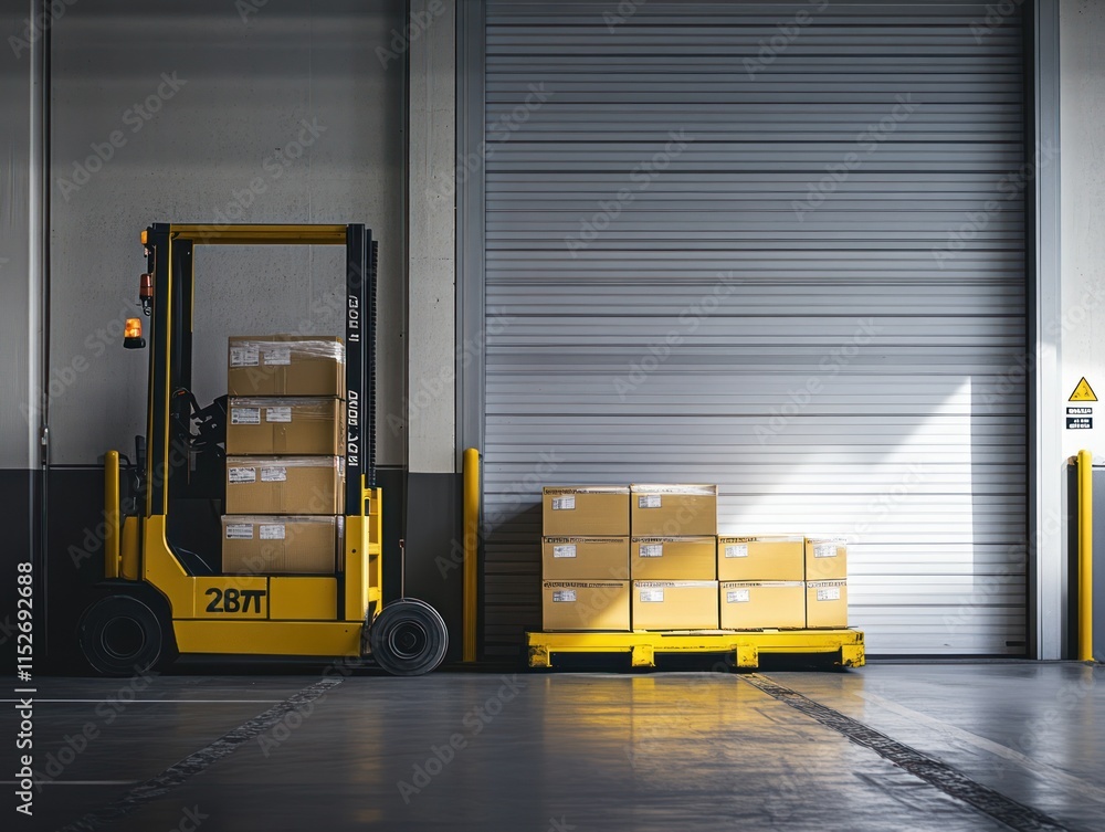 Poster a forklift beside stacked boxes in a warehouse, ready for loading and transportation.