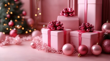 Pink Christmas gifts with bows, ornaments, and tree lights.