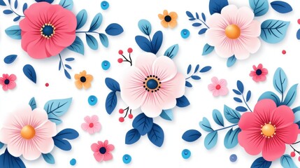 Colorful Floral Pattern Design with Vintage Style Flowers and Leaves on a Bright Background