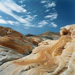 Trail to the Observation Point, Magnificent view of remarkable sandstone formations from a wide viewpoint, Scenic desert canyon trail with towering sandstone walls under a partly cloudy sky.