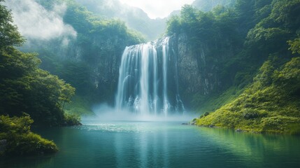 Fototapeta premium Serene waterfall cascades into tranquil green lake.