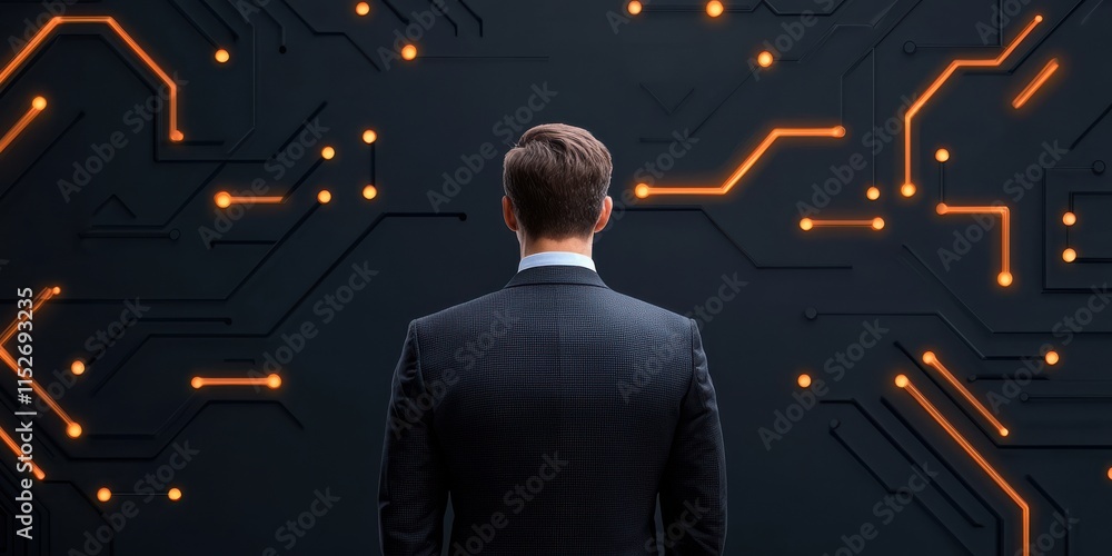 Poster a man stands facing a dark wall adorned with glowing circuit patterns, symbolizing technology and in