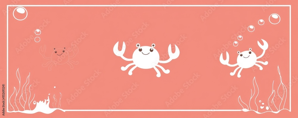 Aufkleber a playful illustration of crabs with bubbles and seaweed on a coral background.