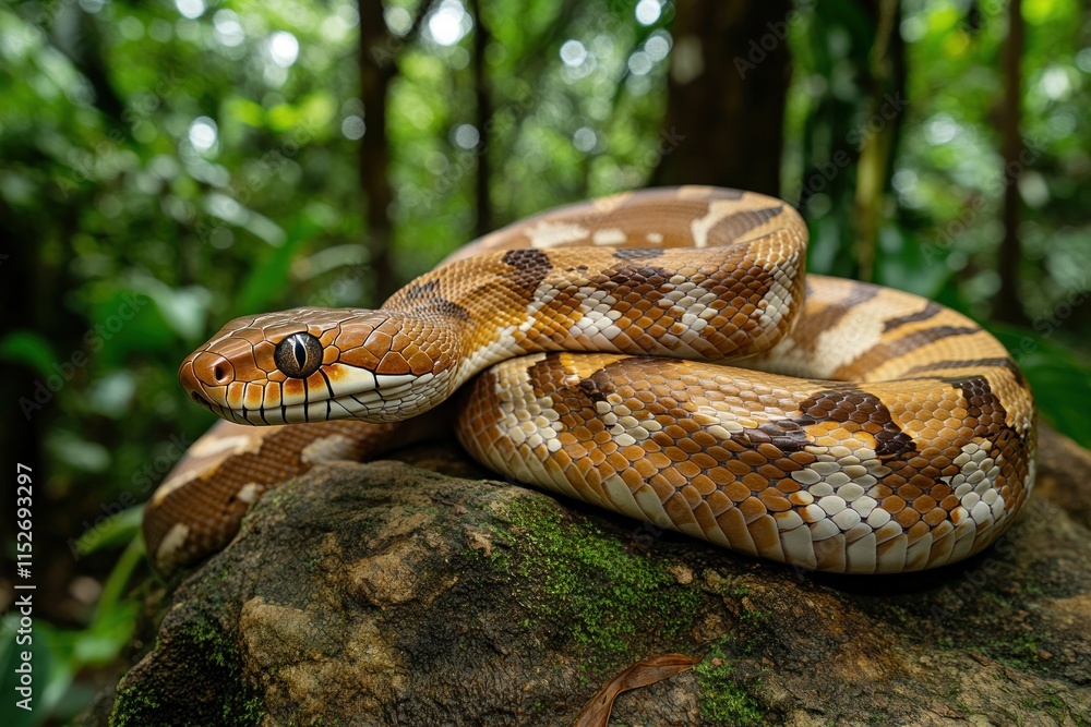 Poster a close-up of a brown and orange snake resting on a rock in a lush green forest.