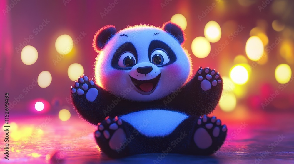 Poster a cute animated panda sitting happily with colorful lights in the background.