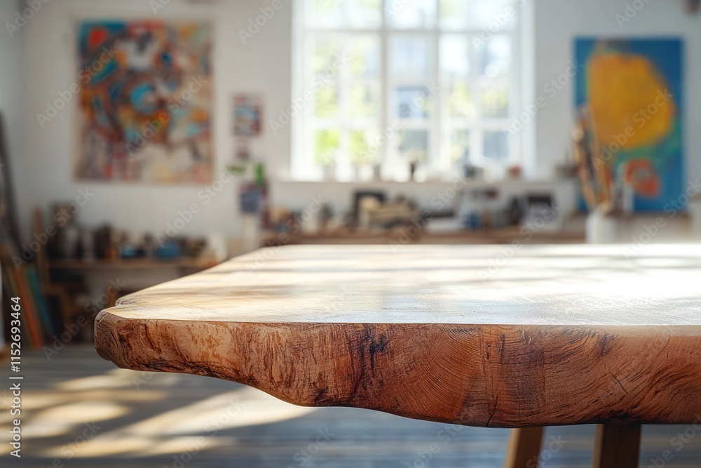 Poster a wooden table in a bright, artistic workspace with colorful artworks in the background.
