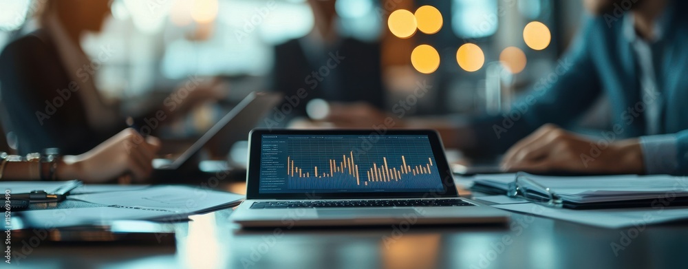 Poster a laptop displays data analytics while professionals discuss strategies in a modern office setting, 