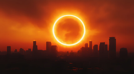 A ring-shaped solar eclipse creating a brilliant halo of light against an orange sky, silhouetting the city's skyline in a warm, glowing ambiance. Eclipser. Illustration
