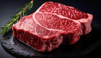 Close-up of premium marbled beef steak with rosemary garnish on a dark surface