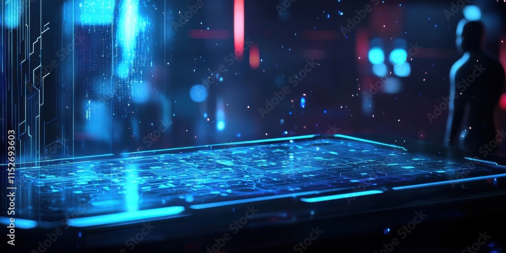 Aufkleber a futuristic scene featuring a holographic display with flowing data, illuminated by blue and red li