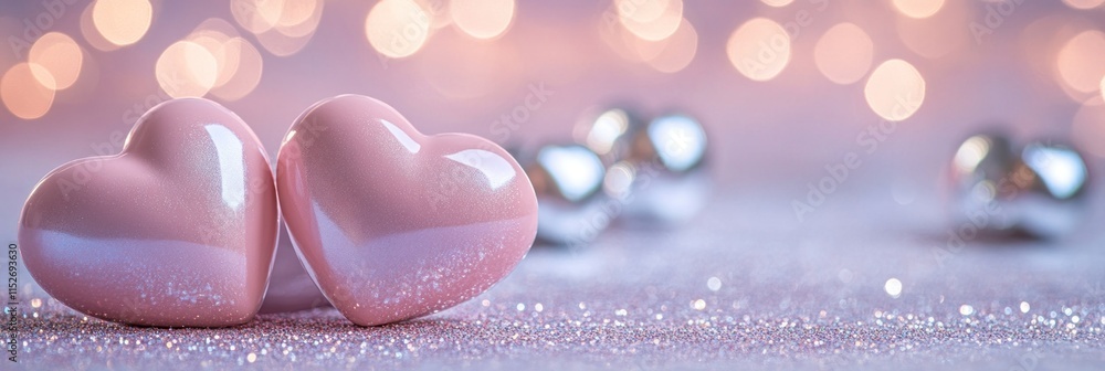 Poster Two pink heart-shaped decorations on a sparkling surface with soft bokeh lights in the background.