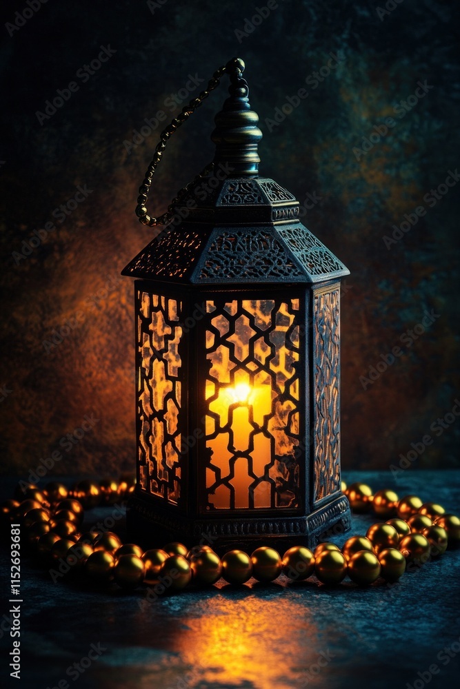 Aufkleber a decorative lantern emits a warm glow, surrounded by a string of golden beads.