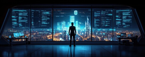 A figure stands in a futuristic room, gazing at a high-tech city skyline illuminated by digital displays and data streams.