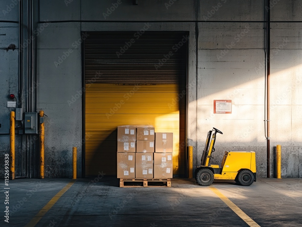 Poster a warehouse scene featuring stacked boxes and a yellow forklift near a loading dock.