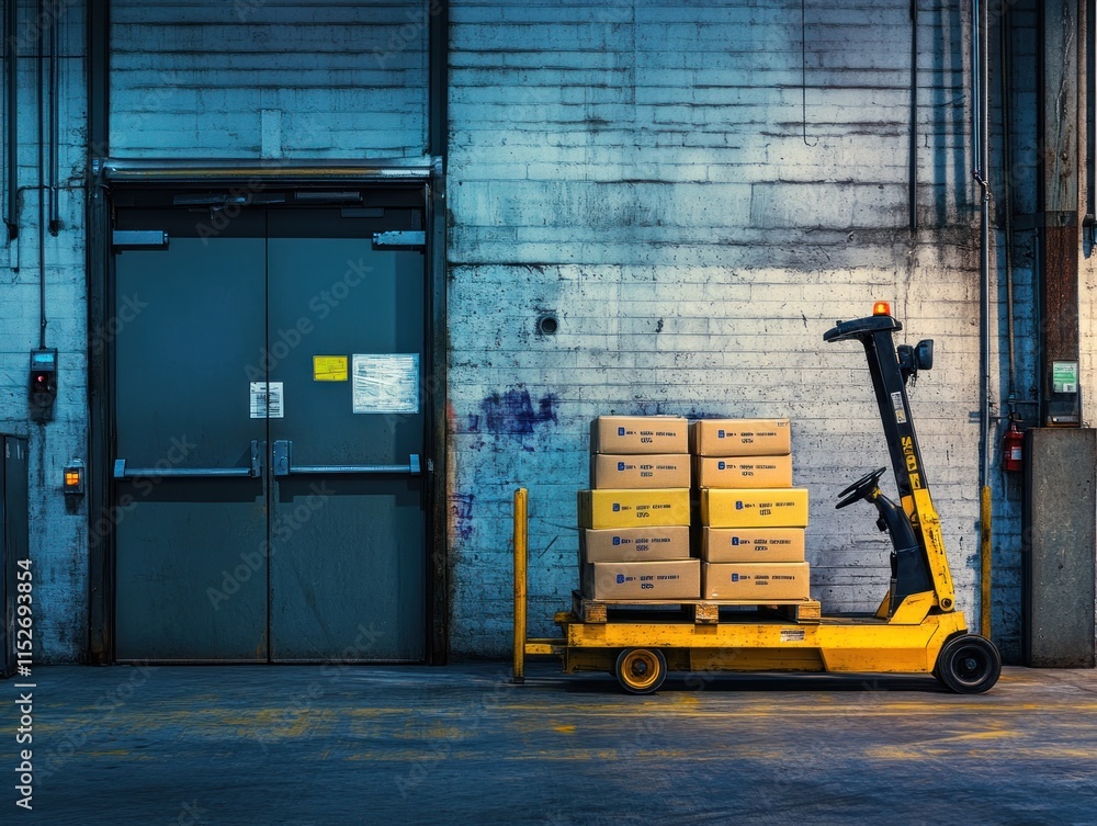 Poster a yellow pallet jack loaded with boxes in a warehouse setting near a closed door.