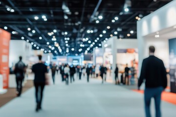 Blurred image of people walking in a convention center.