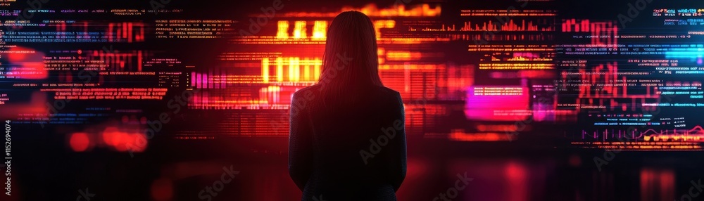 Poster a silhouette of a person stands before a backdrop of vibrant, colorful digital data and code, creati