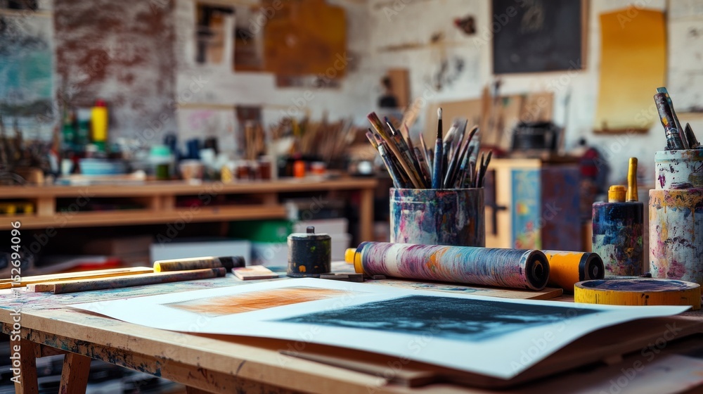Poster a cozy studio with a detailed setup for printmaking, including inks, rollers
