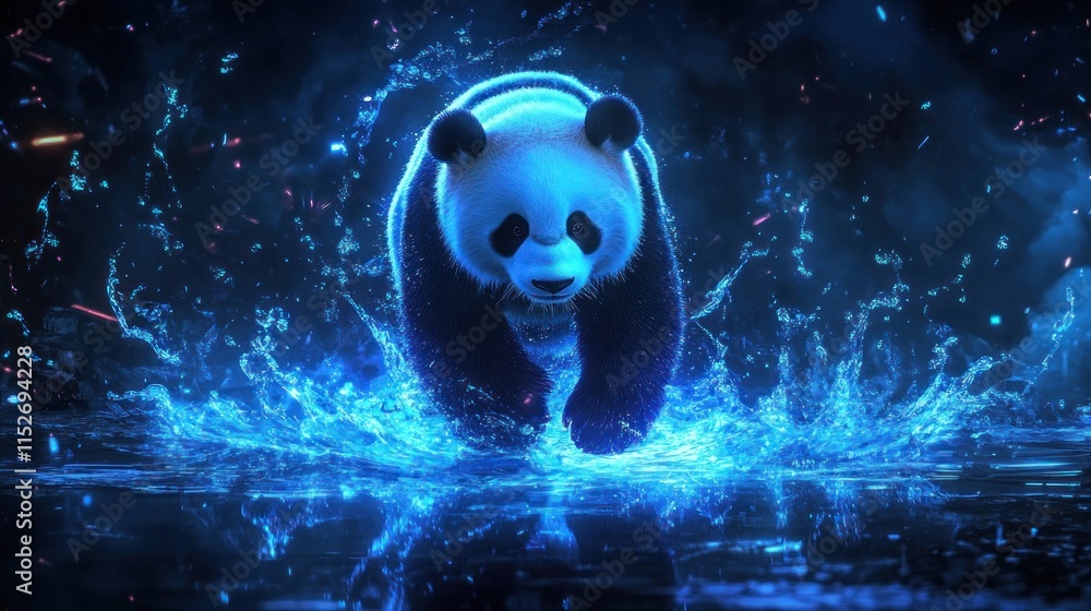 Aufkleber a glowing panda emerges from vibrant blue water, creating a magical and dynamic scene.