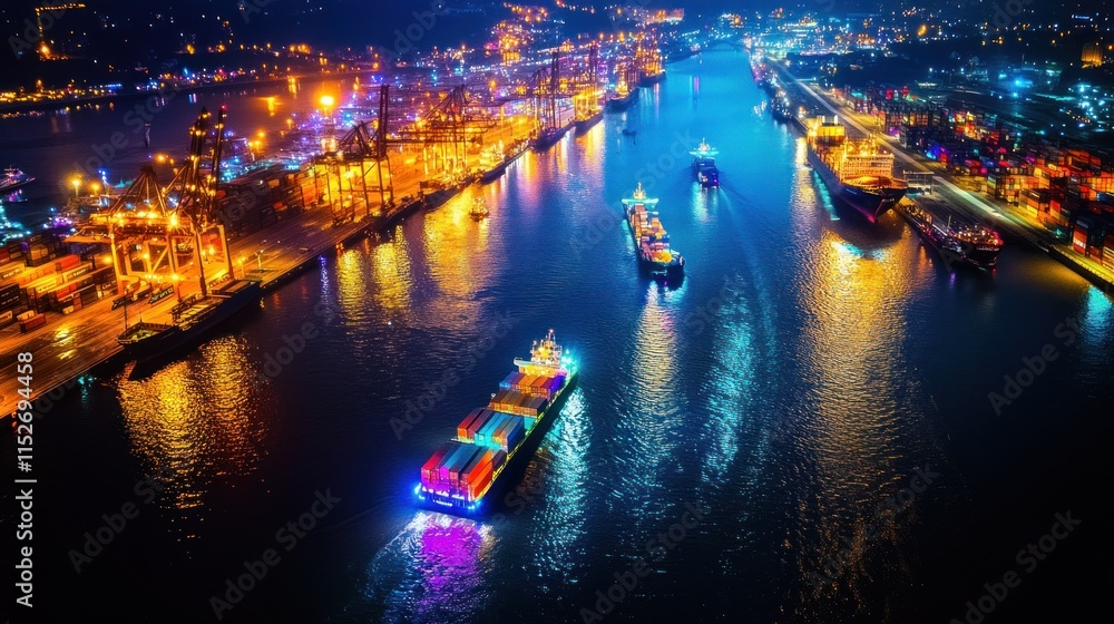 Poster a vibrant night view of a busy port with illuminated cargo ships and cranes.